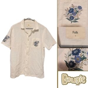 Folk Monty shirt in ecru cotton linen blend with blue floral embroidery M
